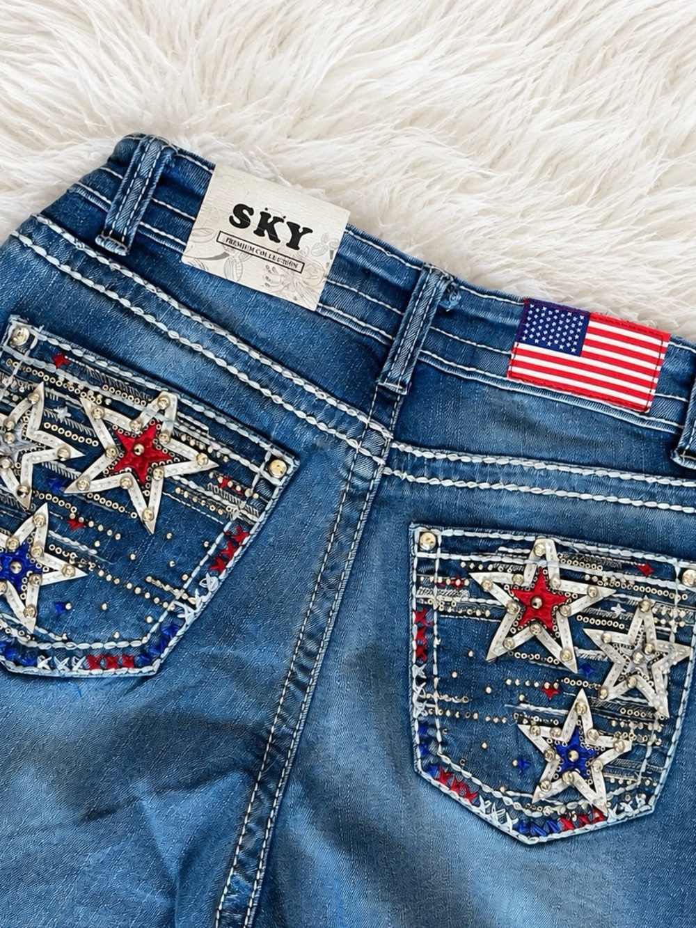 Sky Women's Blue Boot Cut Jeans with Red & Blue Star Embellishments